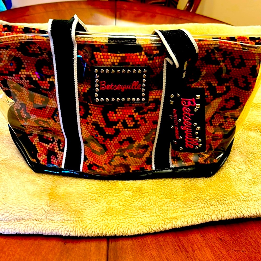 BETSY JOHNSON BETSEYVILLE CLEAR WITH PHYTON PRINT BAG just reduced